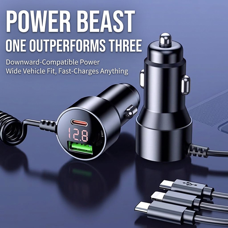 Laptop Charger - ที่ชาร์จในรถยนต์แบบ 3-in-1 พร้อมสายชาร์จที่สามารถดึงเก็บได้ รองรับการชาร์จเร็ว PD QC